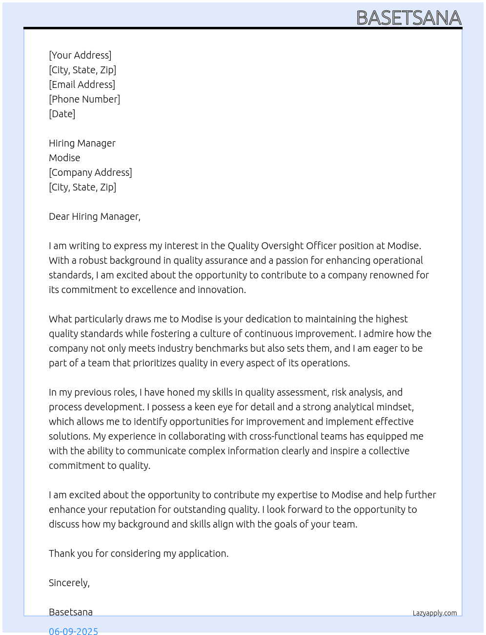 Quality Oversight Officer At Modise Cover Letter