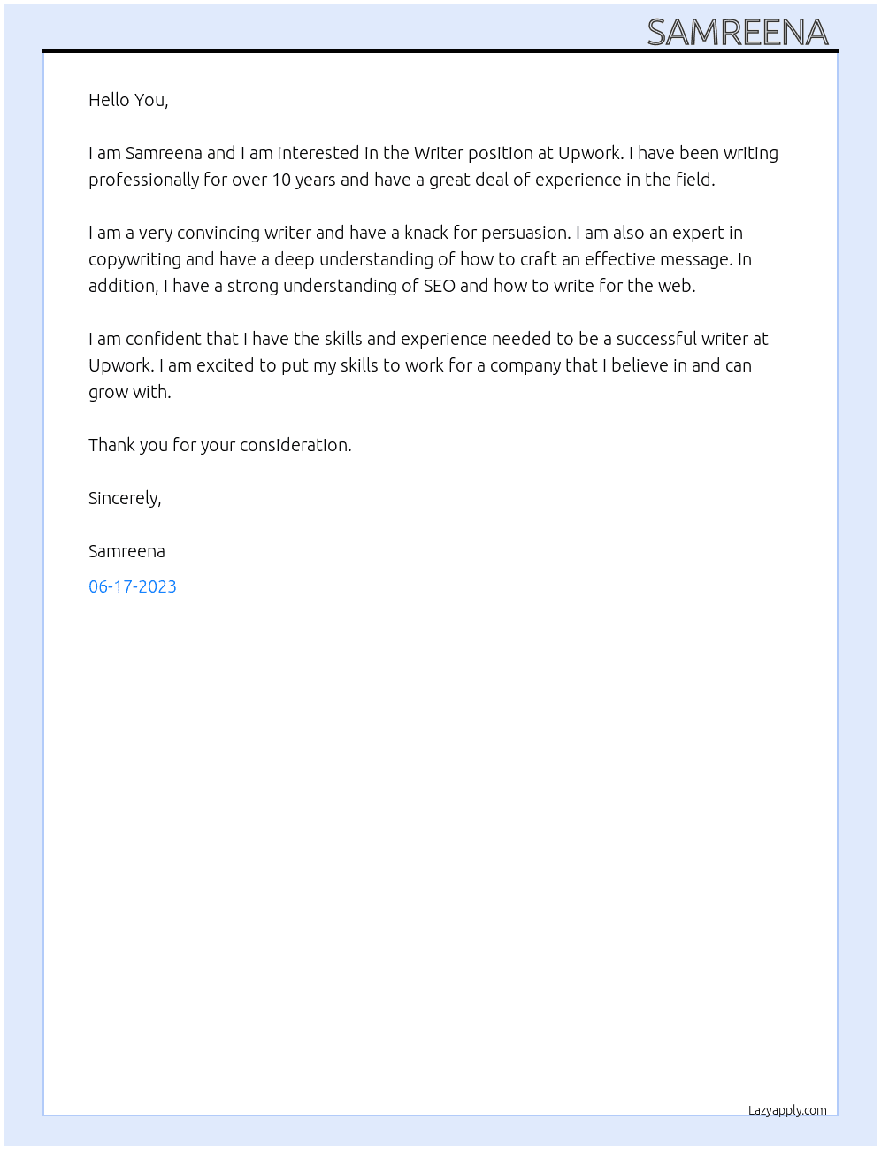 Writer  At Upwork  Cover Letter