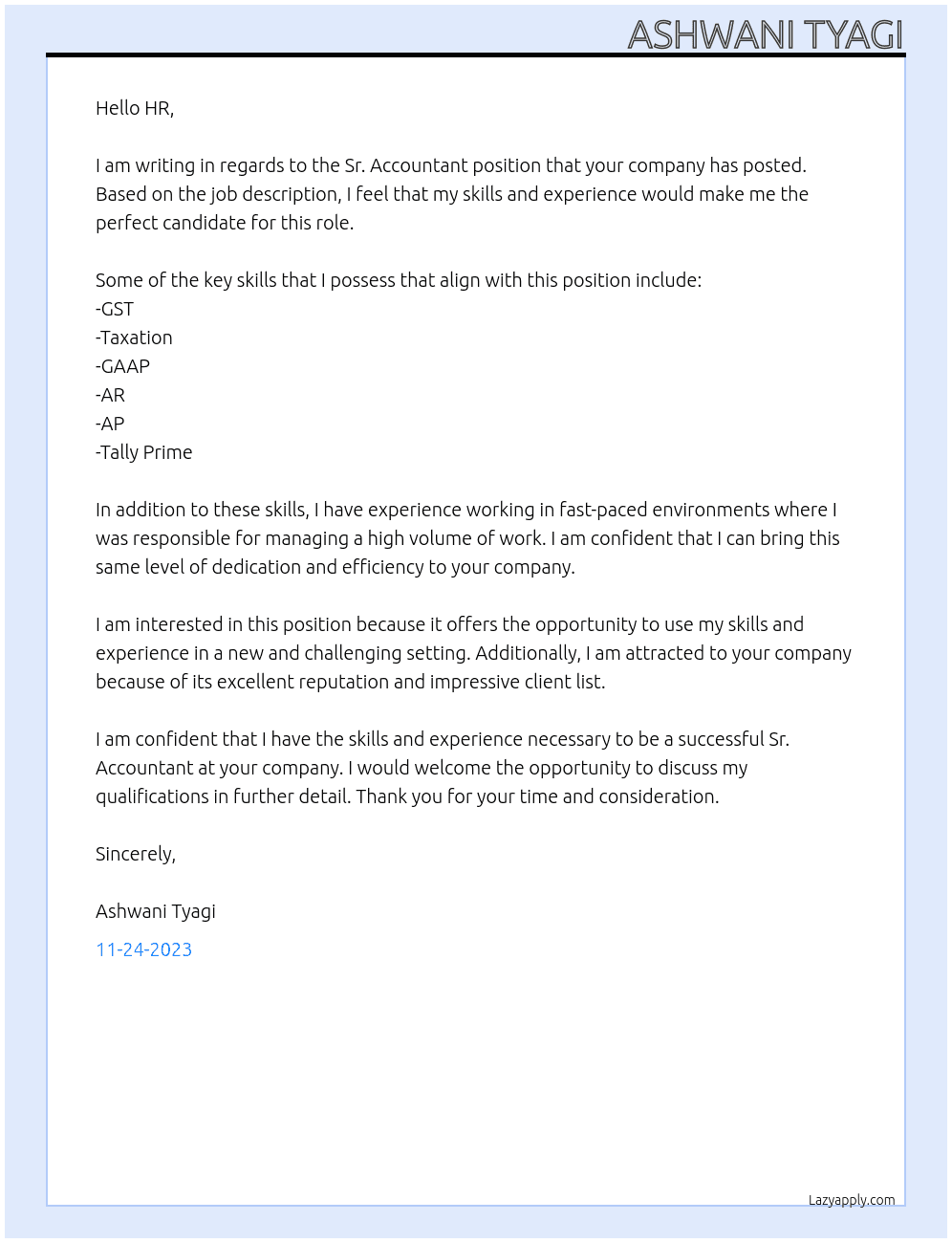 Sr. Accountant  At Your Company Cover Letter