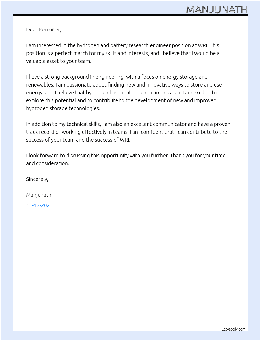hydrogen and battery research engineer At WRI Cover Letter
