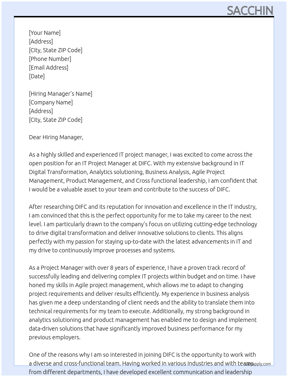IT project manager At DIFC Cover Letter