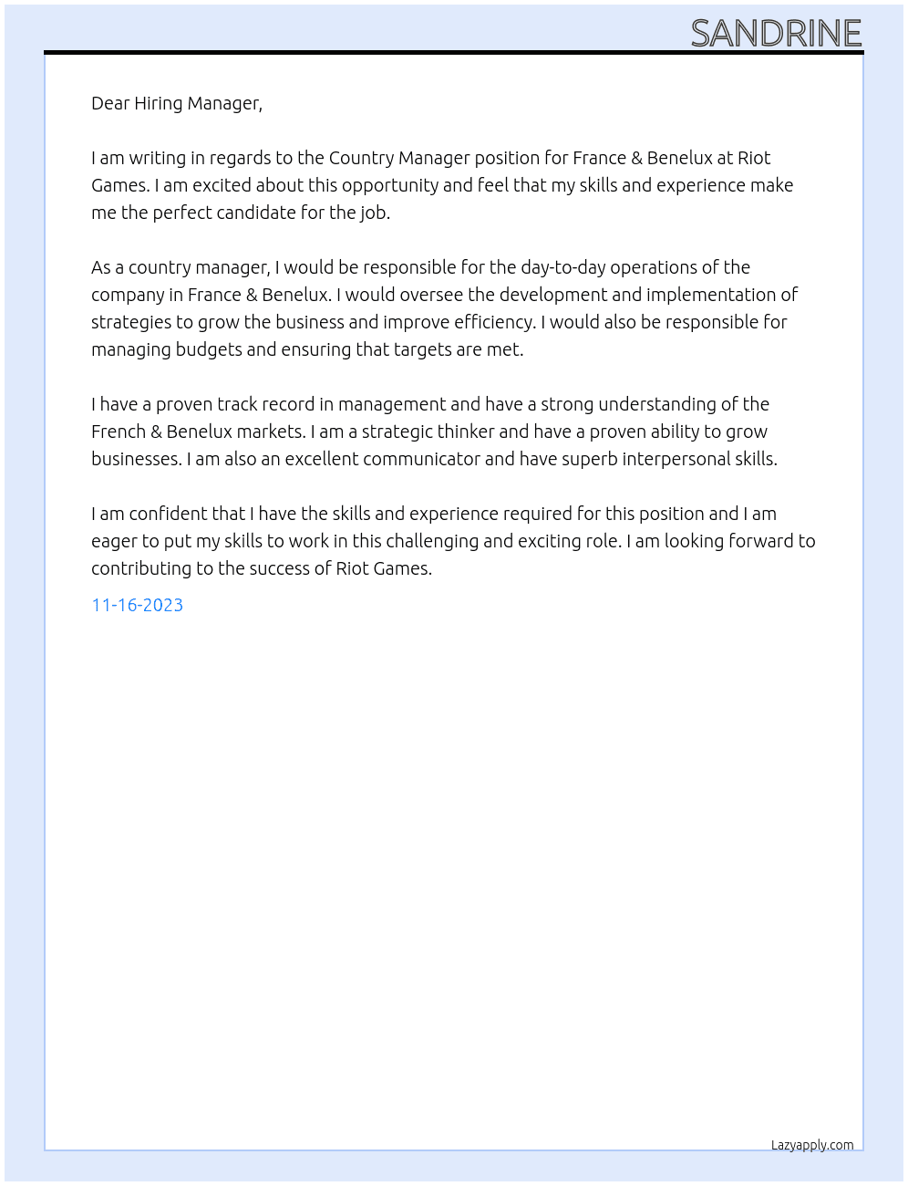 Country Manager france & Benelux At Riot Games Cover Letter