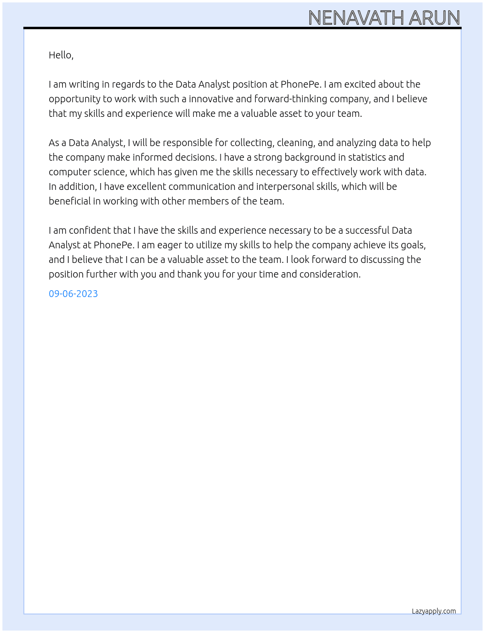 Data Analysts At PhonePe Cover Letter