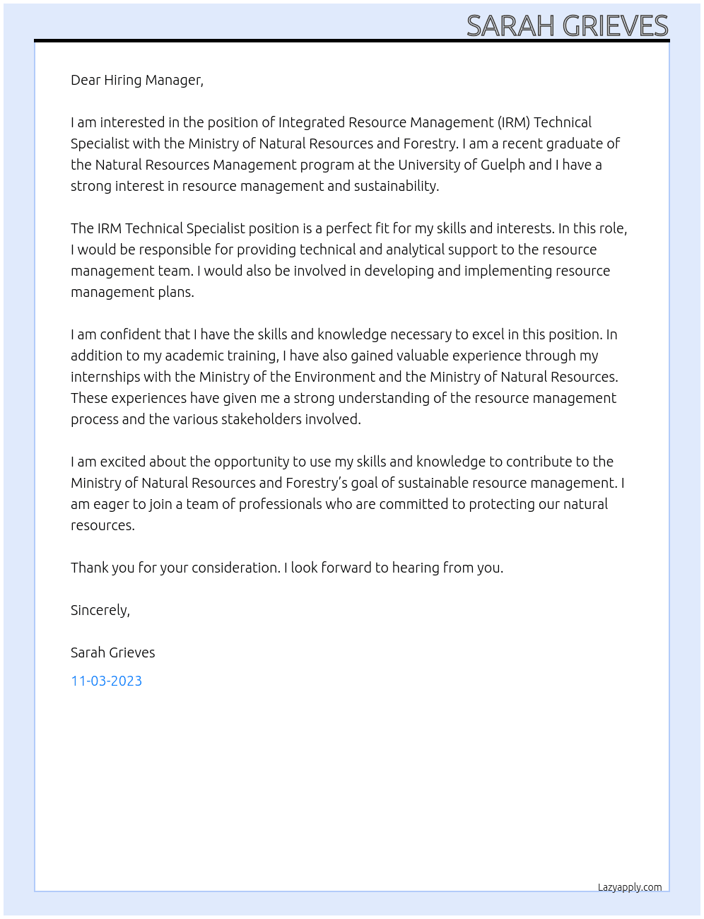 Integrated Resource Management (IRM) Technical Specialist At Ministry of Natural Resources and Forestry Cover Letter