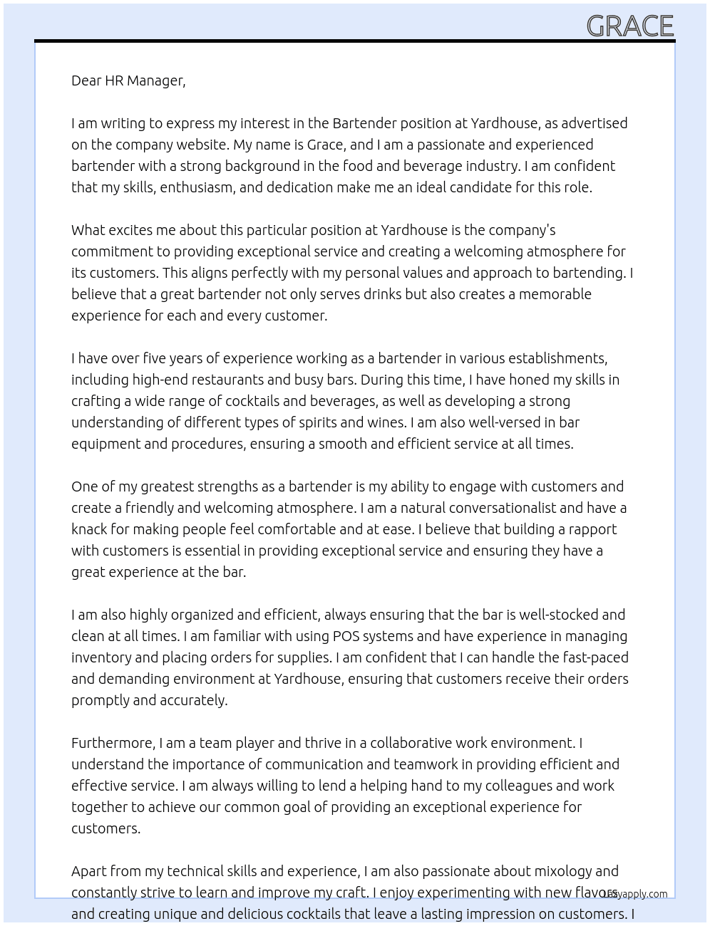bartender At yardhouse Cover Letter
