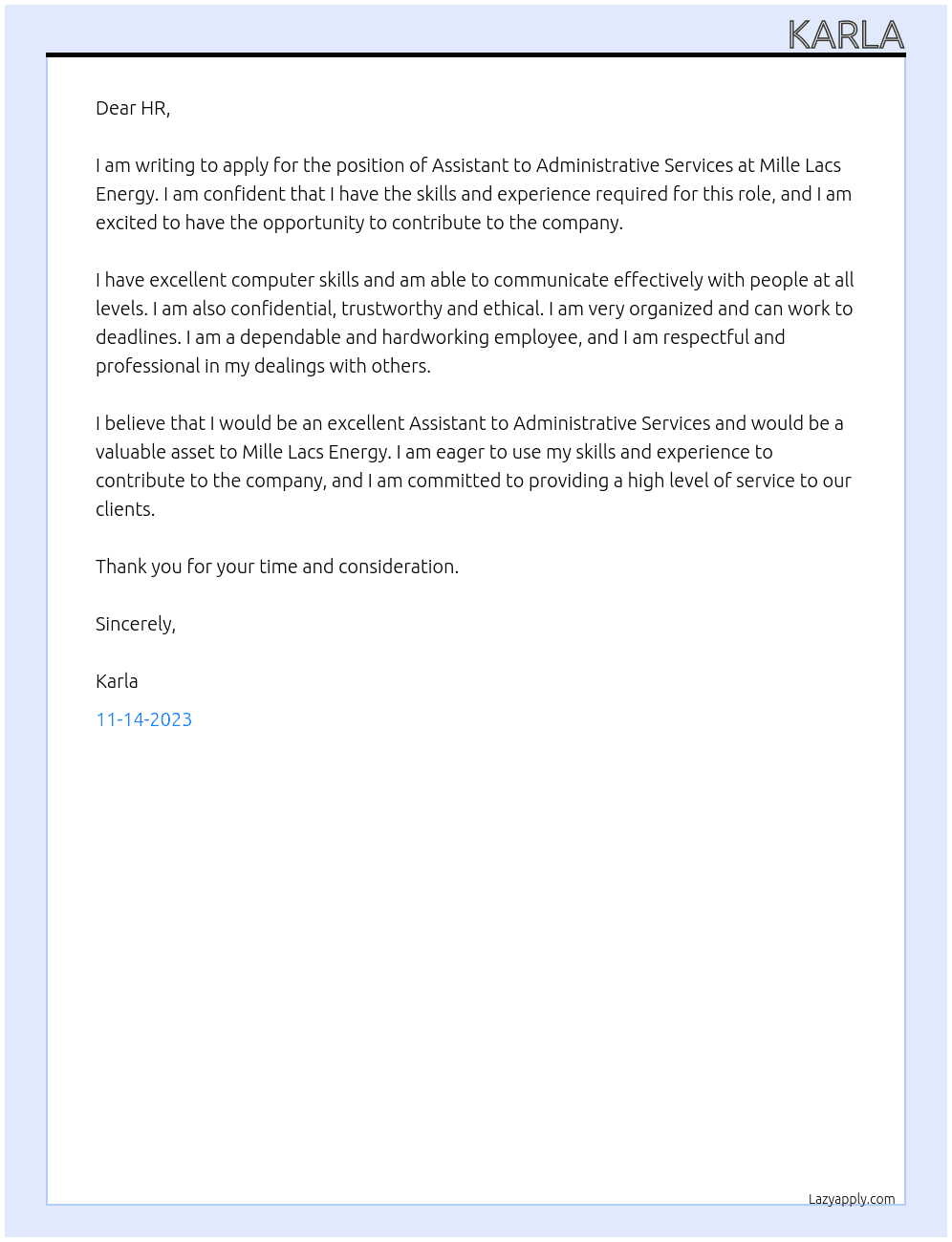 Assistant to Administrative Services At Mille Lacs Energy Cover Letter