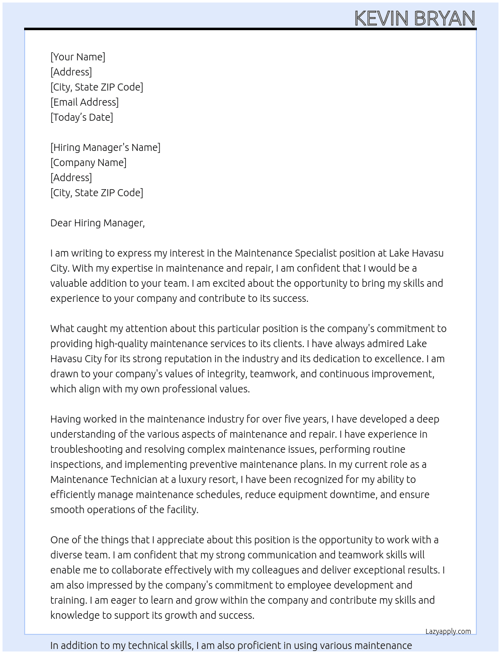 Maintenance Specialist At Lake Havasu City Cover Letter