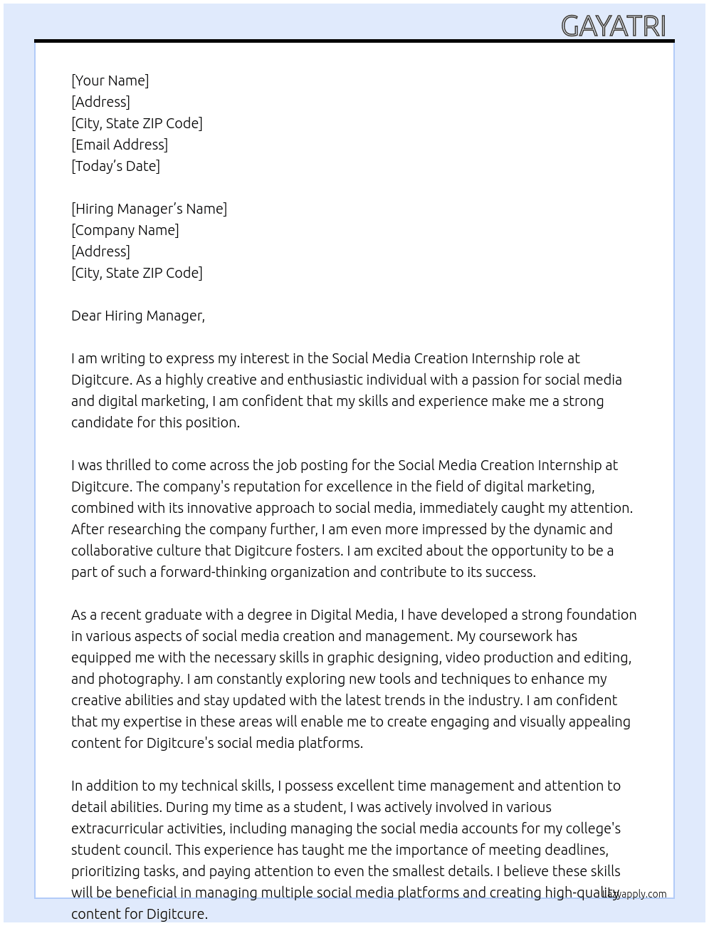 social media creation At digitcure Cover Letter