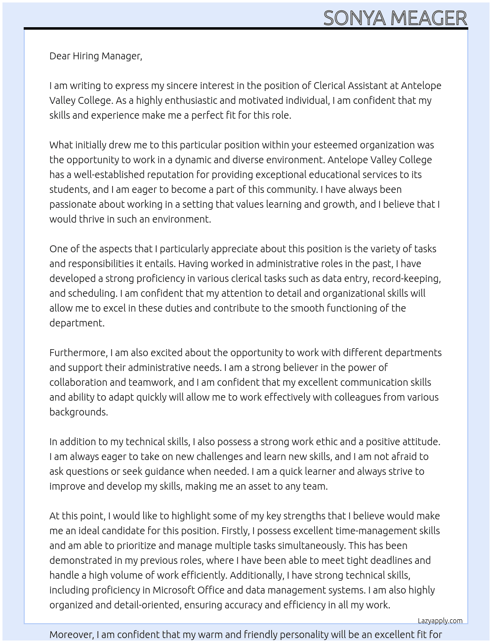 Clerical Assistant  At Antelope Valley College Cover Letter