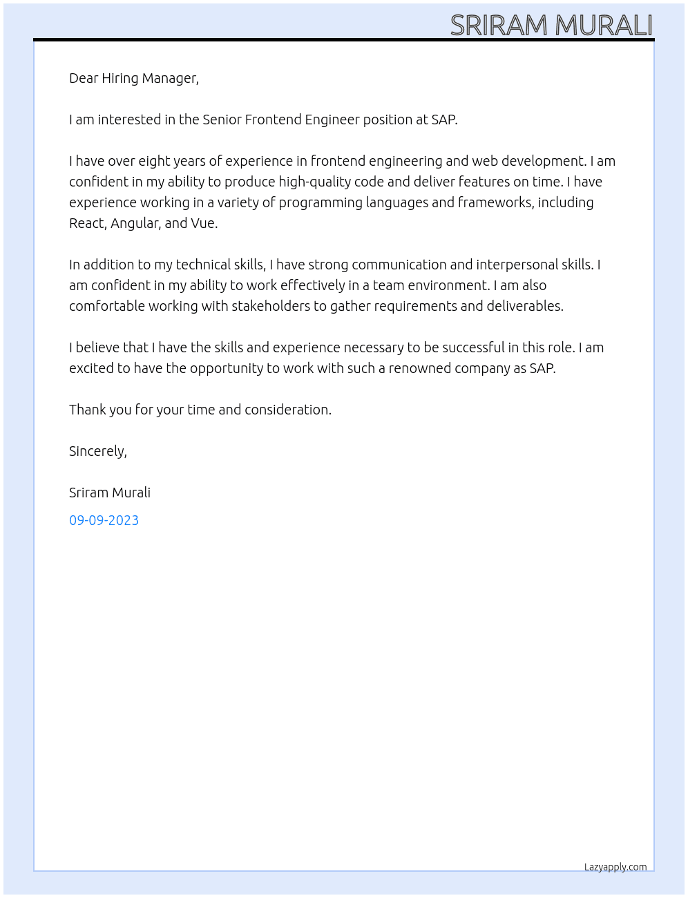 Senior Frontend Engineer At SAP Cover Letter