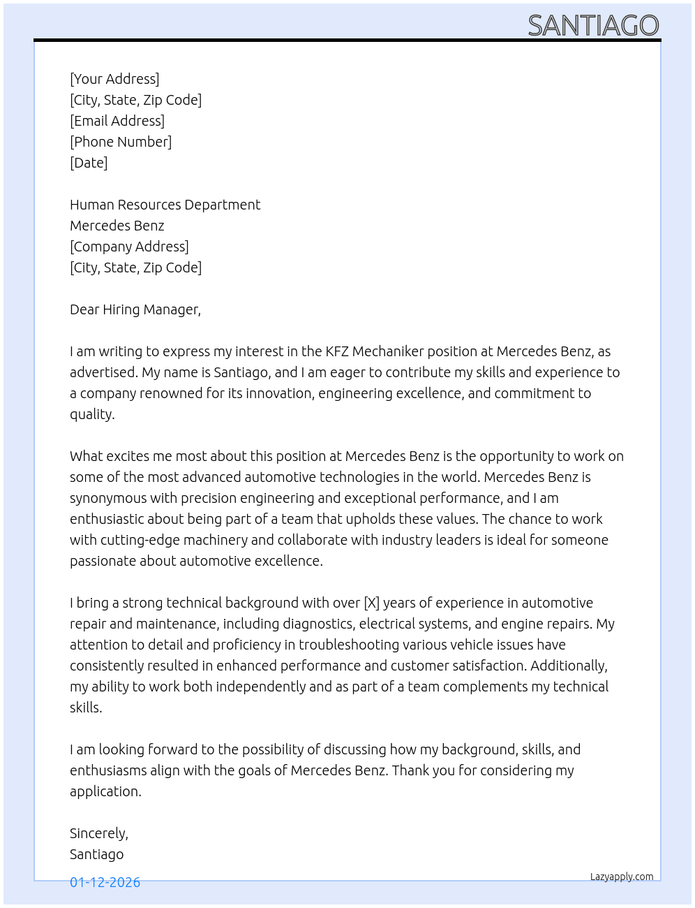 kfz mechaniker At merzedez Cover Letter