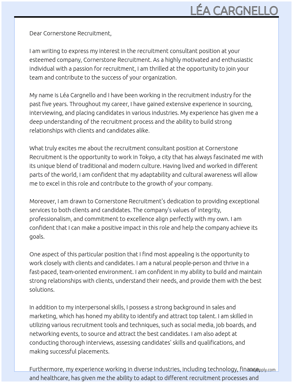 Recruitement Consultant At Cornerstone Recruitment Cover Letter