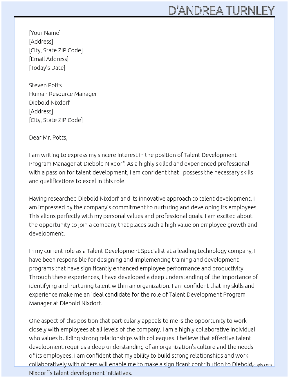 Talent Development Program Manager At Diebold Nixdorf Cover Letter
