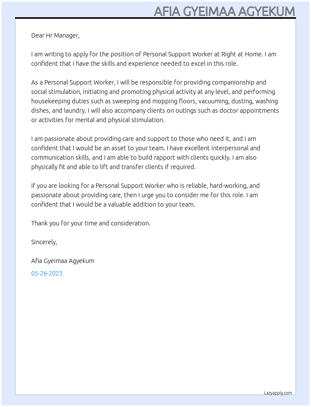 Personal Support Worker At Right at Home Cover Letter