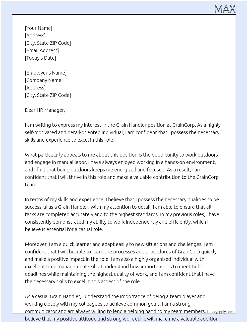Grain Handler At GrainCorp Cover Letter
