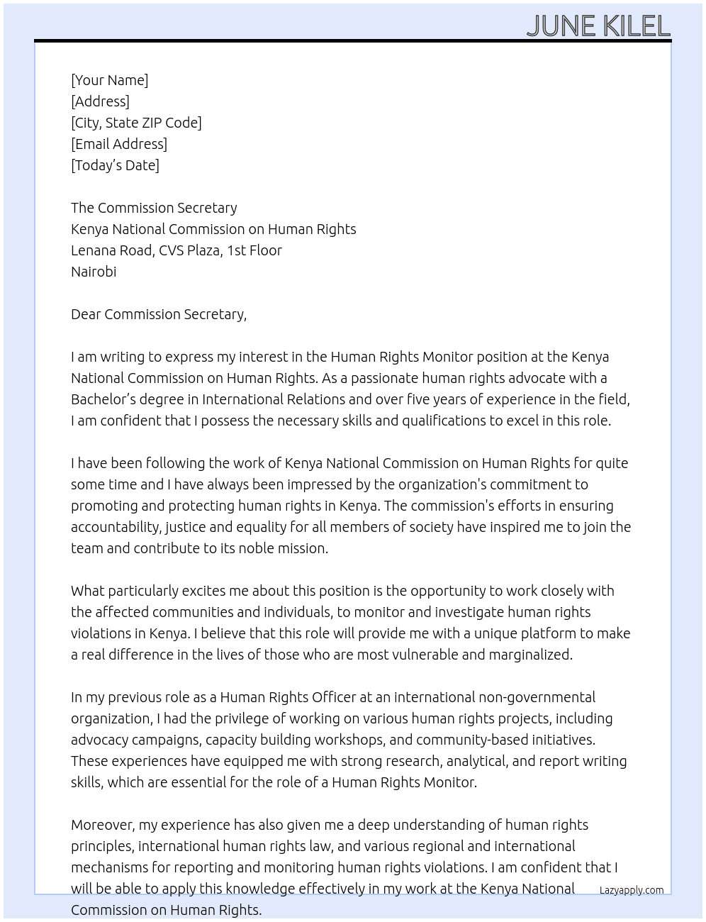 Human Rights Monitor At  Kenya National Commission on Human Rights  Cover Letter