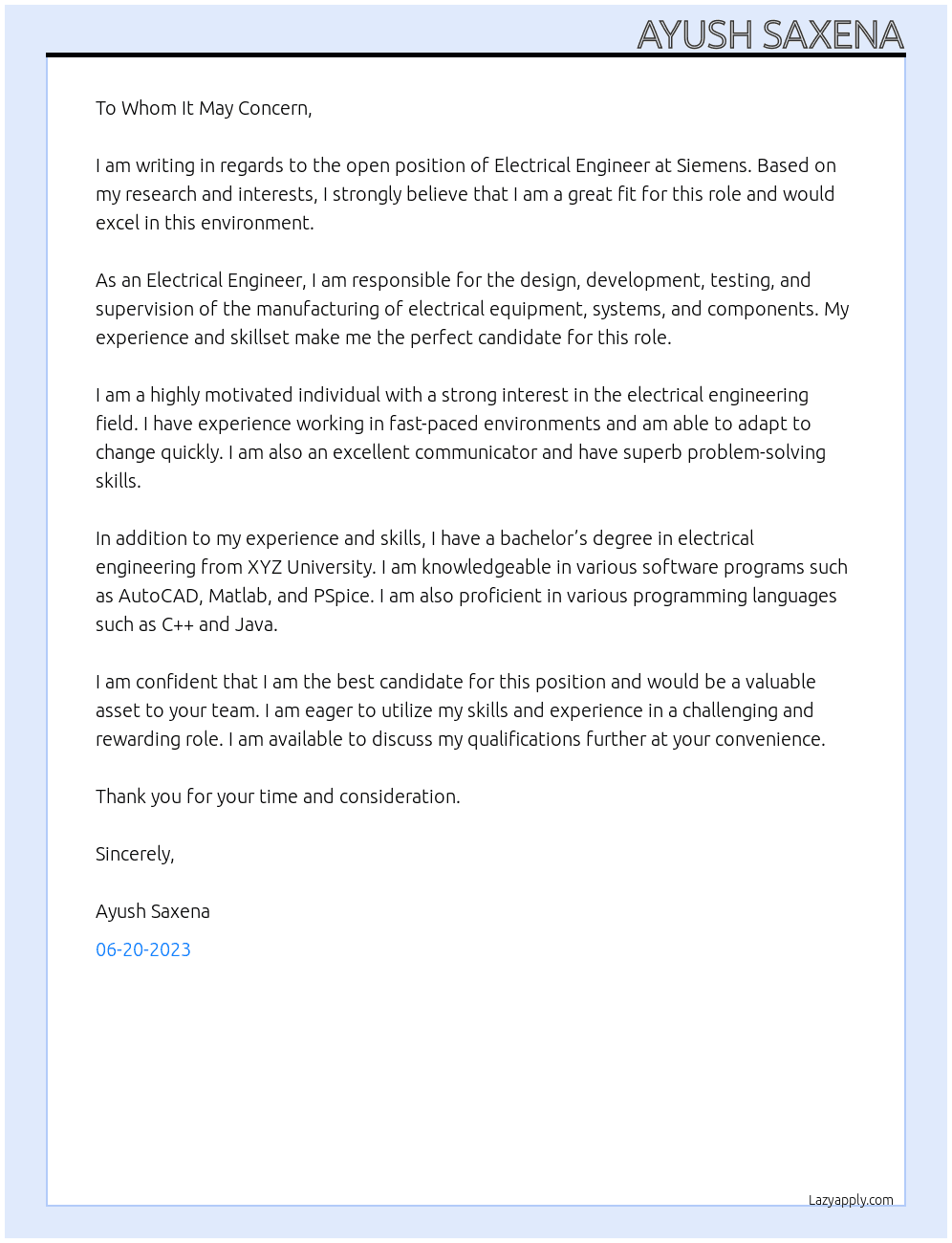 Electrical engineering At Siemens Cover Letter