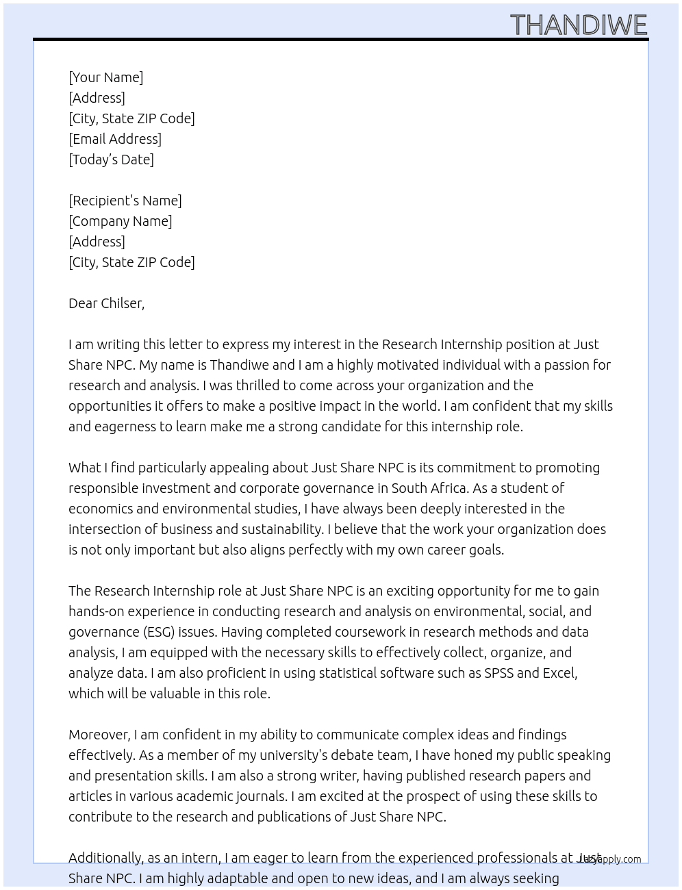 Research internship At Just Share NPC Cover Letter