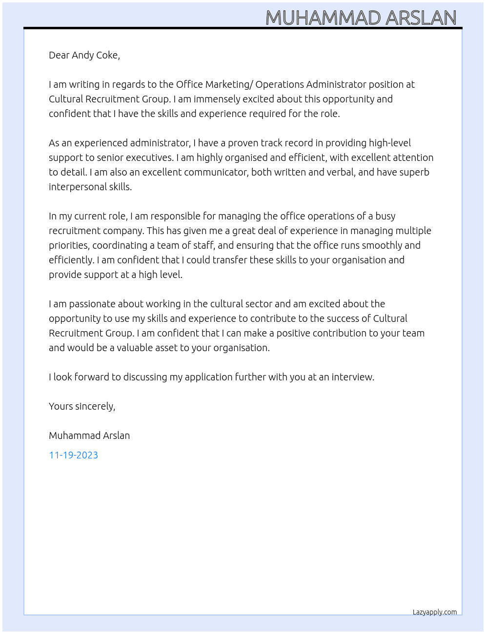 Office Marketing/ Operations Administrator  At Cultural Recruitment Group Cover Letter