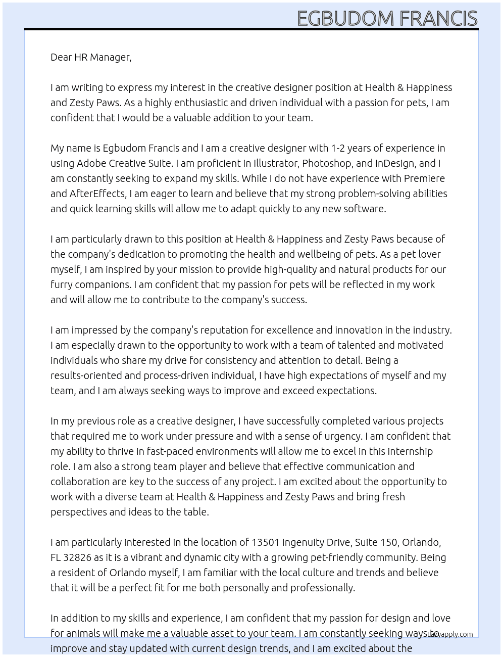 Creative designer At Health &Happiness and Zesty Paws Cover Letter