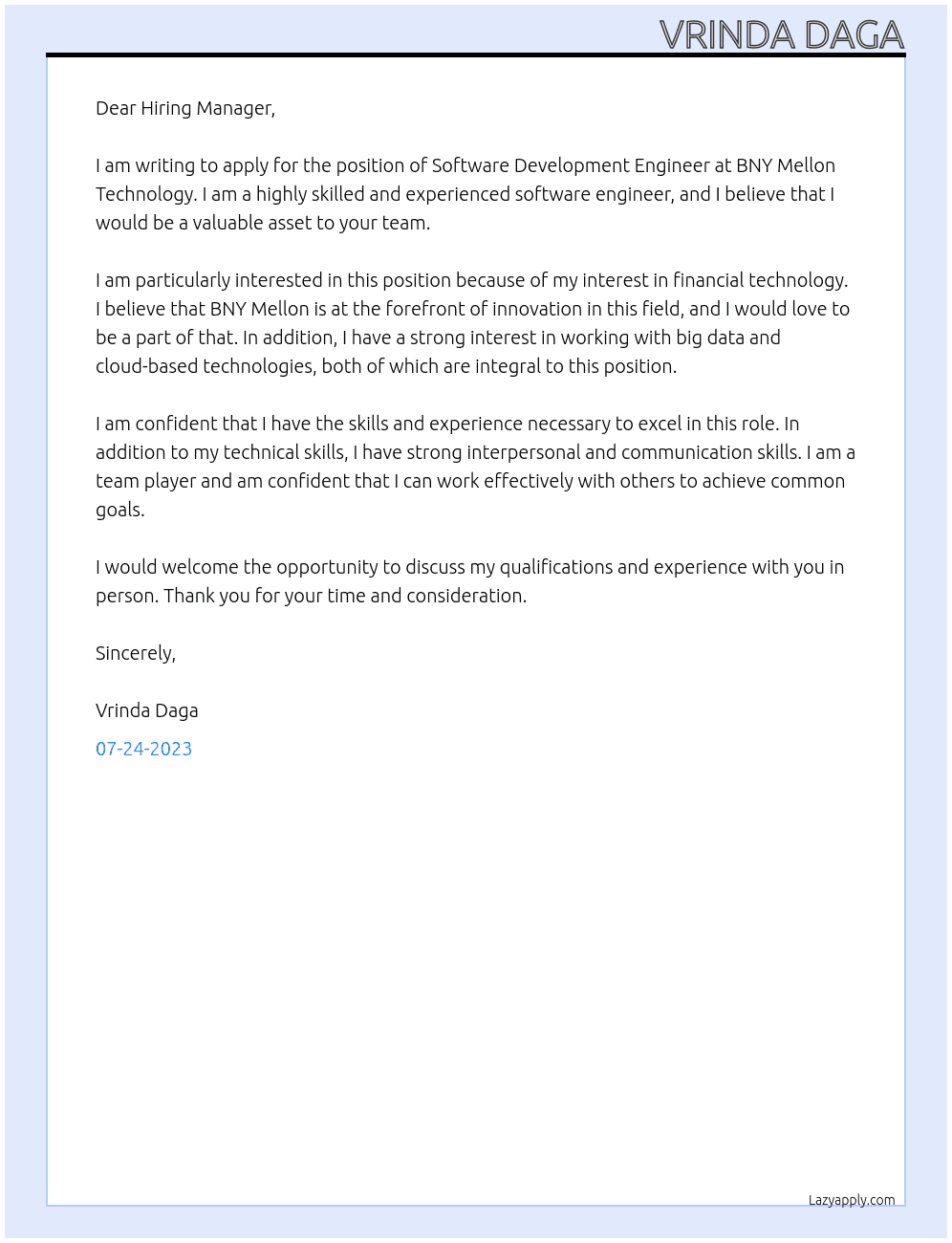 Software Development Engineer At BNY Mellon Technology Cover Letter