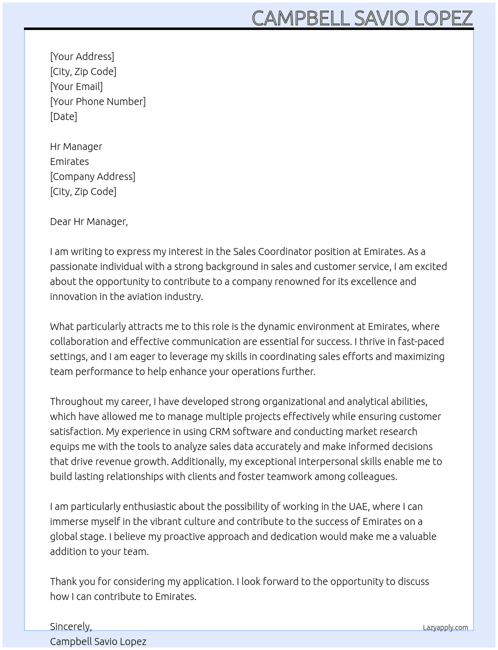 Sales coordinator  At Emirates  Cover Letter