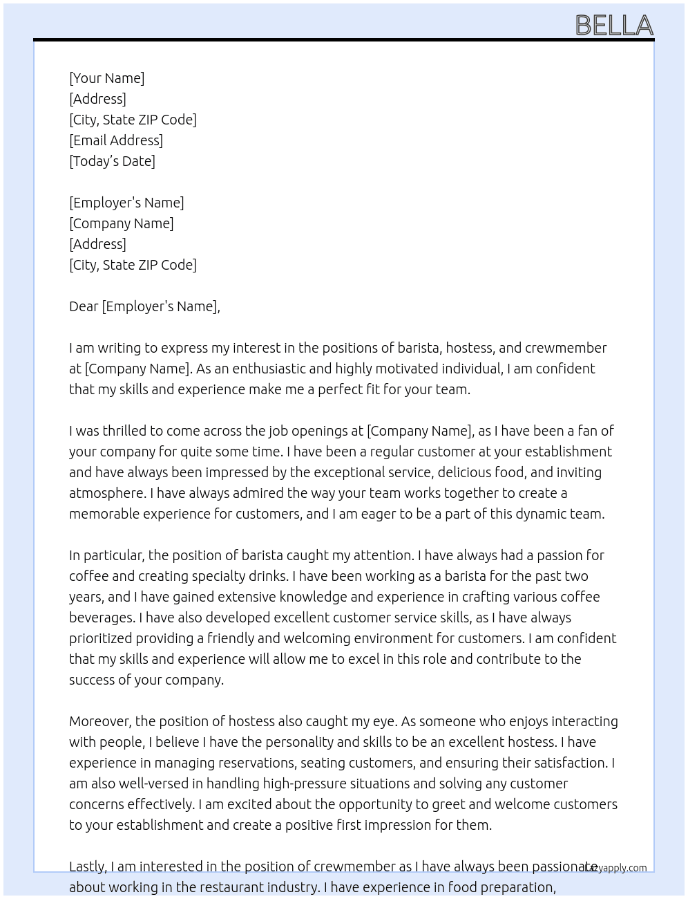 barista, hostess, crewmwmer At anything Cover Letter