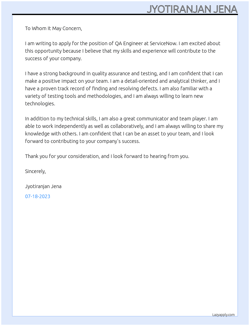 QA Engineer At servicenow Cover Letter