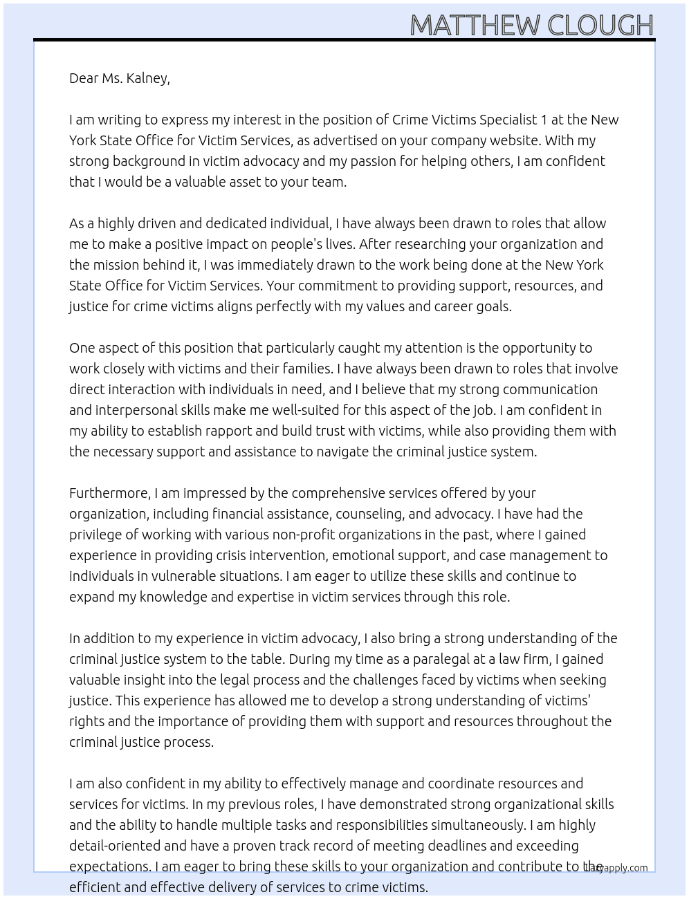 Crime Victims Specialist 1 At New York State Office for Victim Services Cover Letter