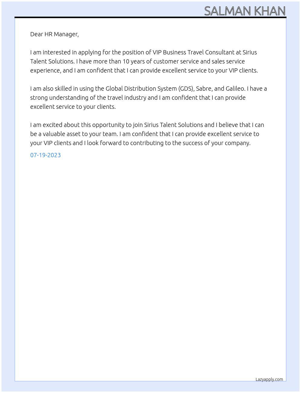 VIP Business Travel Consultant At Sirius Talent Solutions Cover Letter