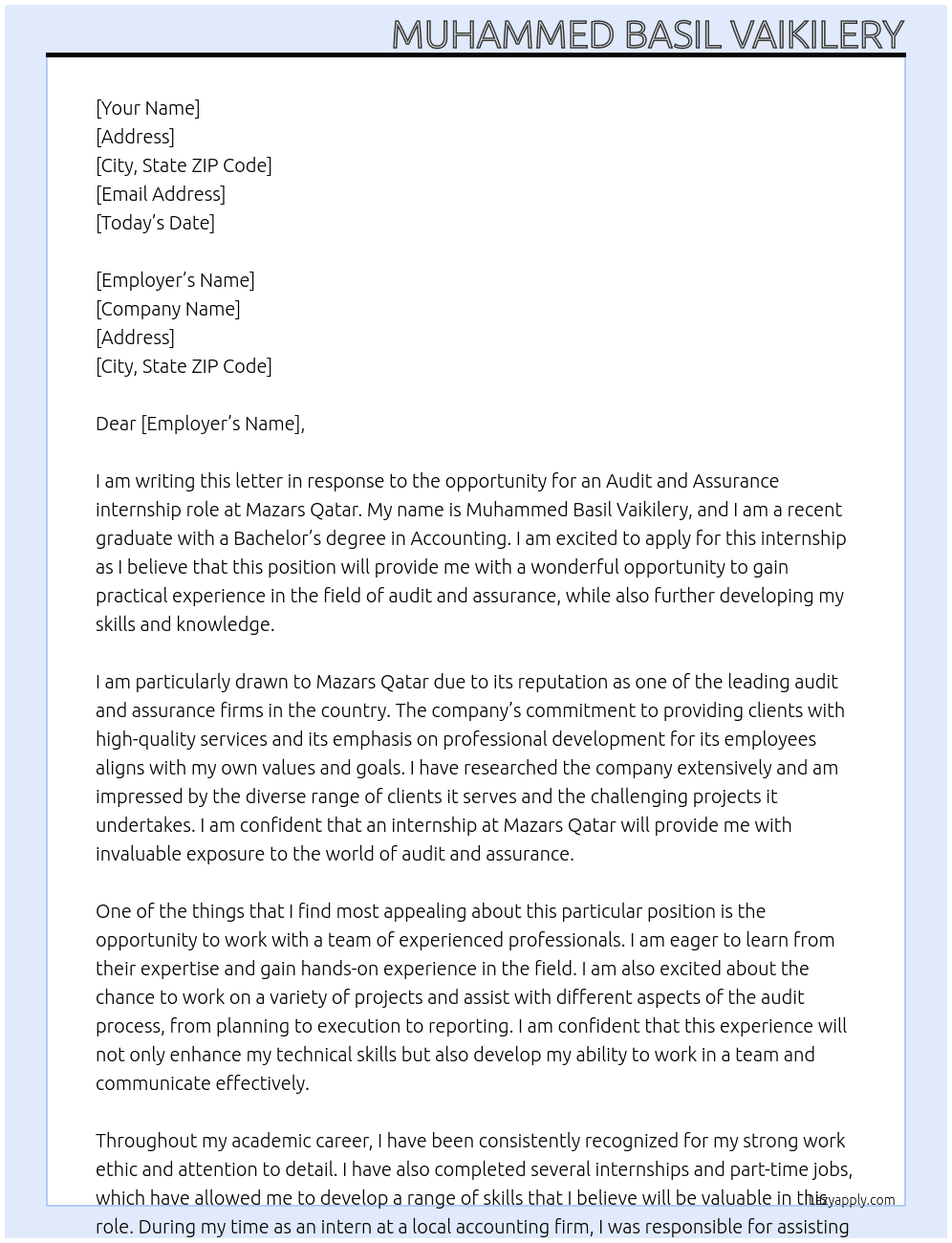 Audit and assurance At Mazars Qatar Cover Letter