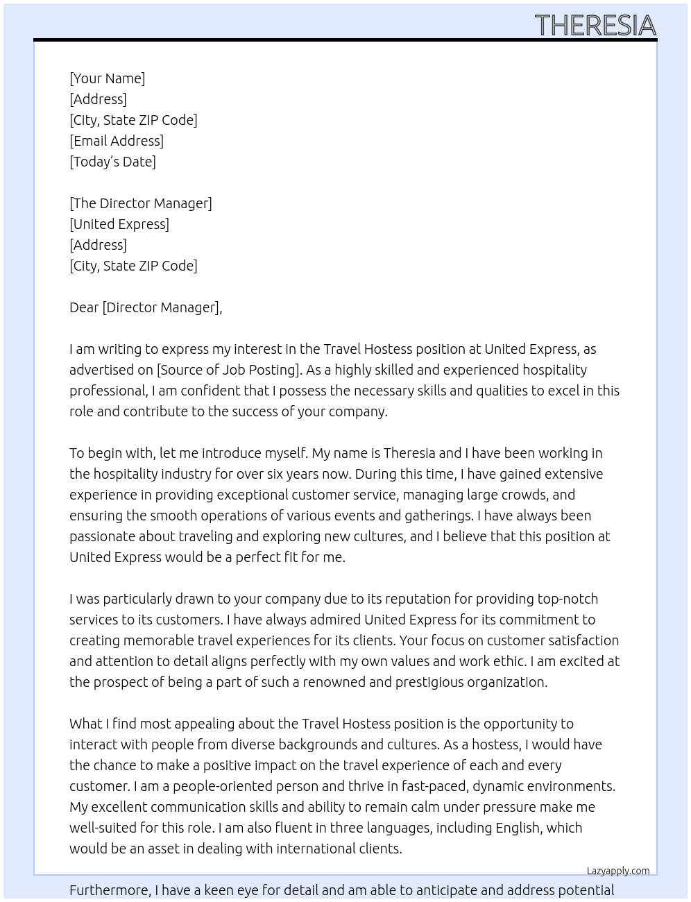 TRAVEL HOSTESS At UNITED EXPRESS  Cover Letter