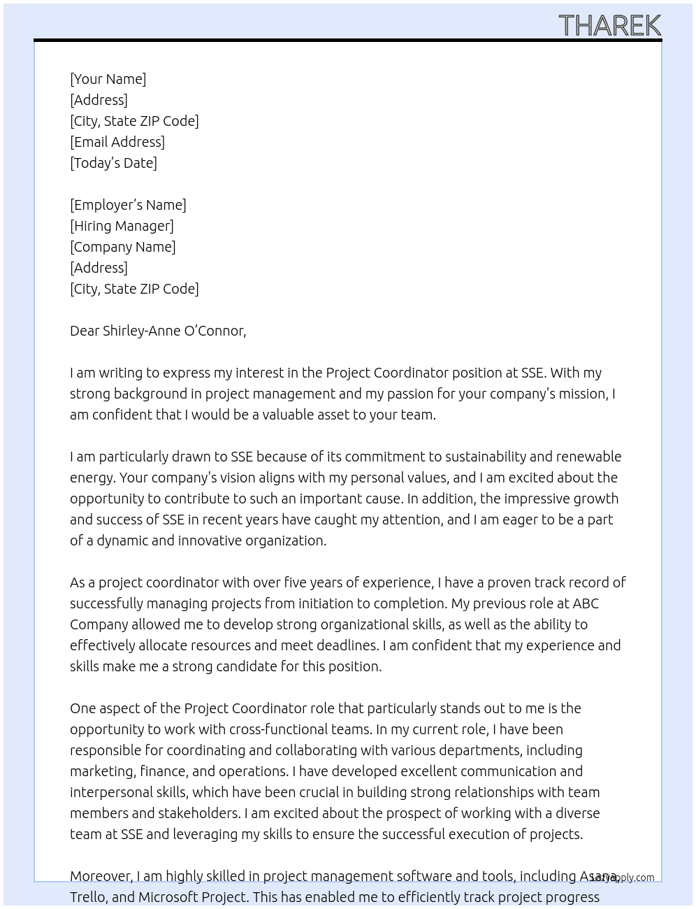 Project Coordinator  At sse Cover Letter