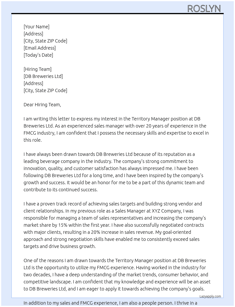 Territory manager  At DB Breweries Ltd  Cover Letter