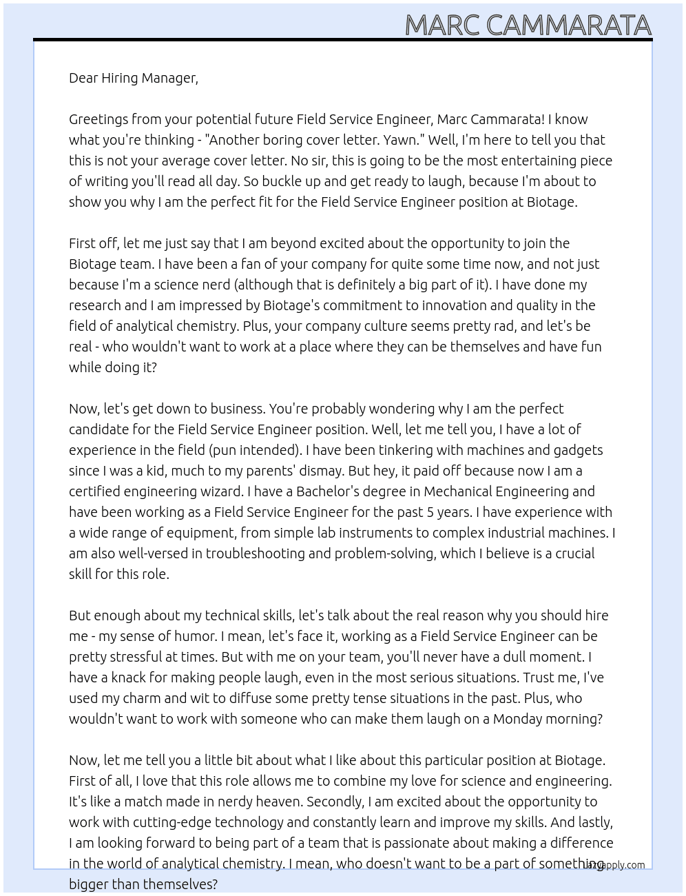 Fiel;d Service Engineer At Biotage Cover Letter