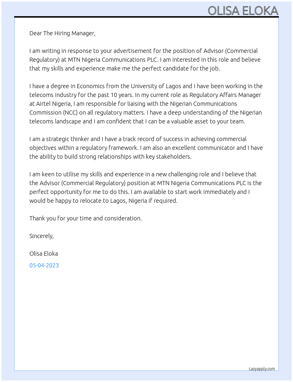 Advisor (Commercial Regulatory) At MTN Nigeria Communications PLC Cover Letter