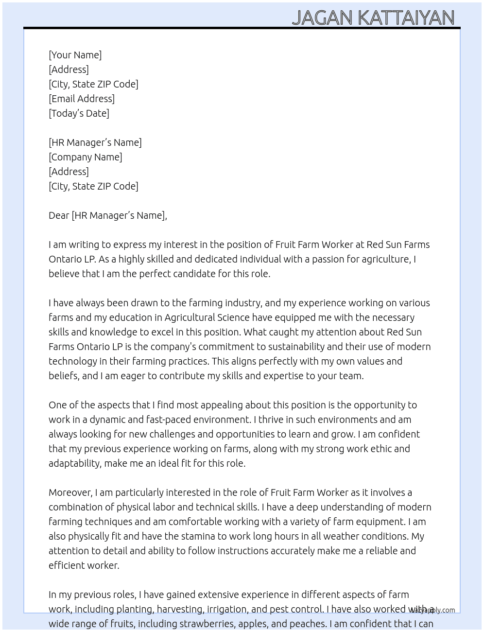 Fruit farm worker  At Red Sun Farms Ontario LP  Cover Letter