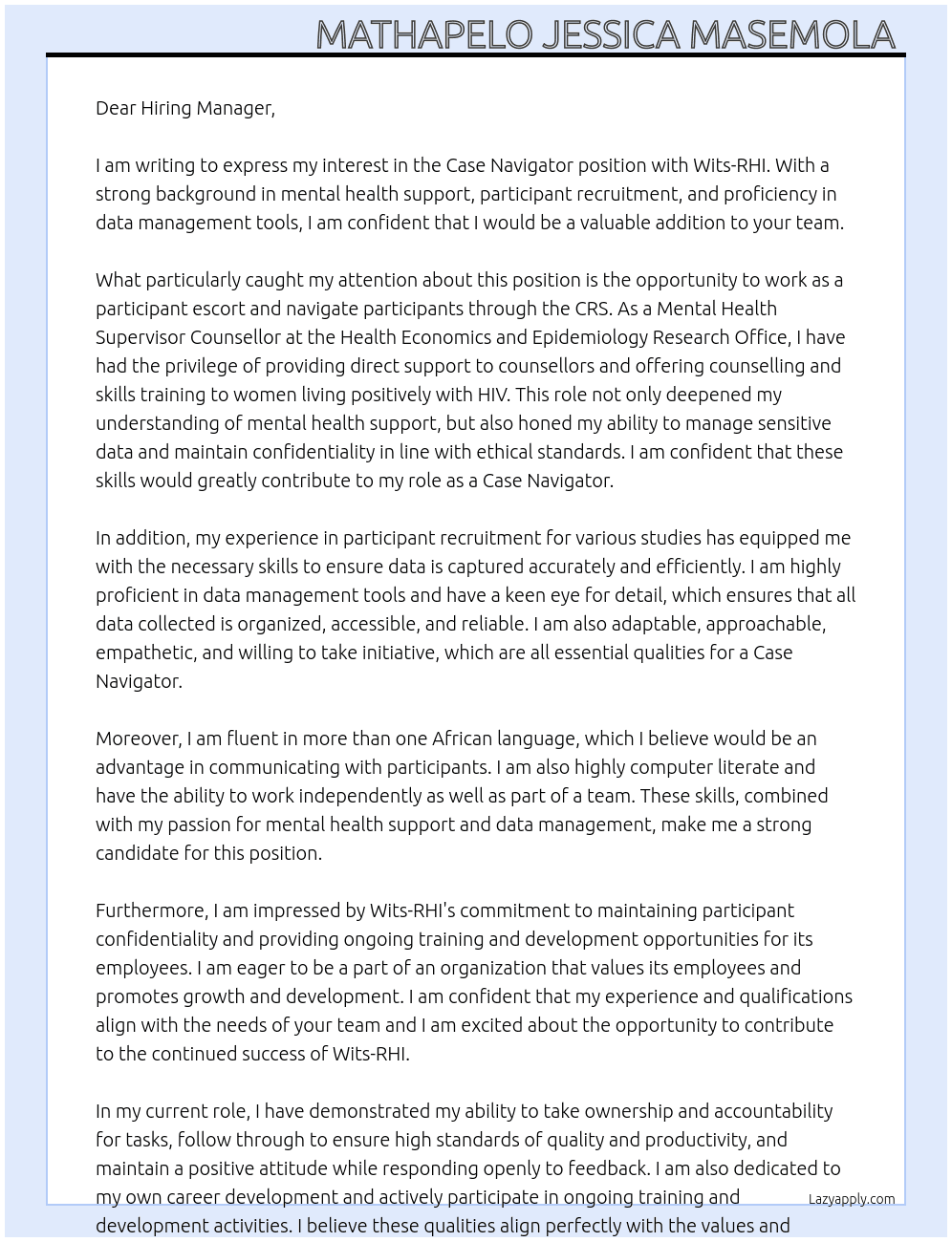 Case Navigator At Wits-RHI Cover Letter
