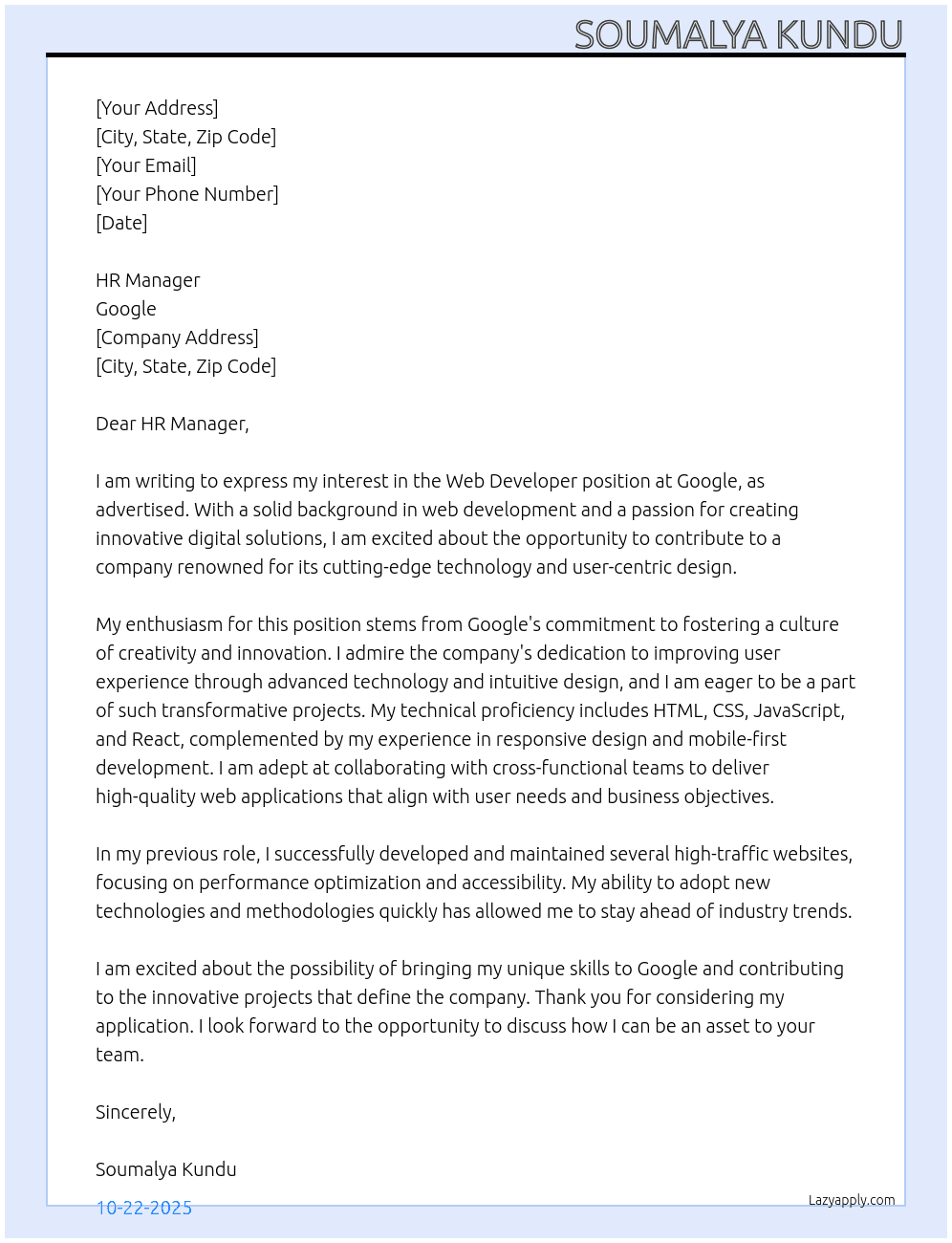 web developer At Google Cover Letter