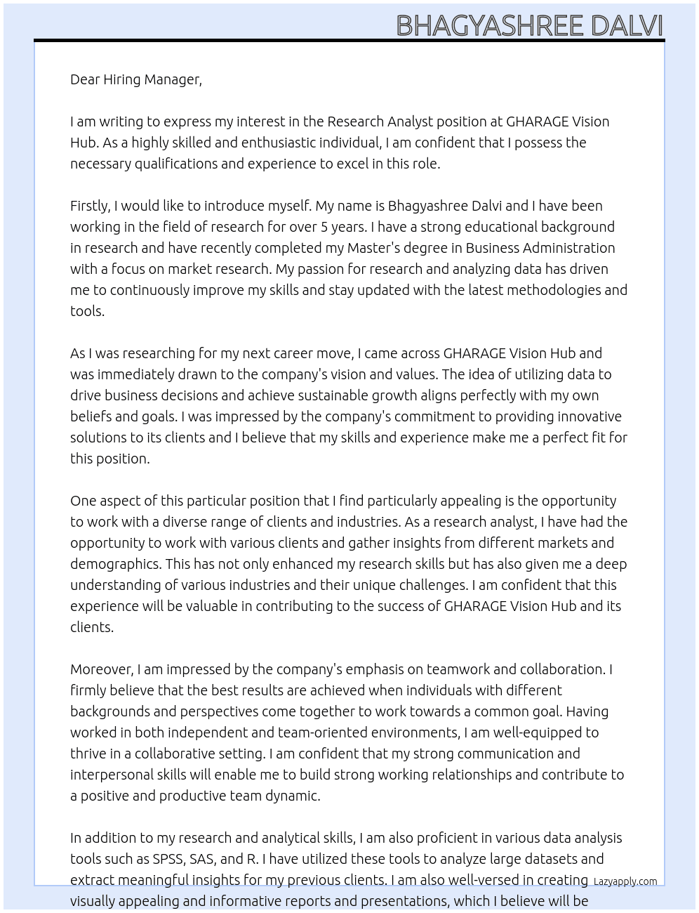 Research Analyst At GHARAGE Vision Hub Cover Letter