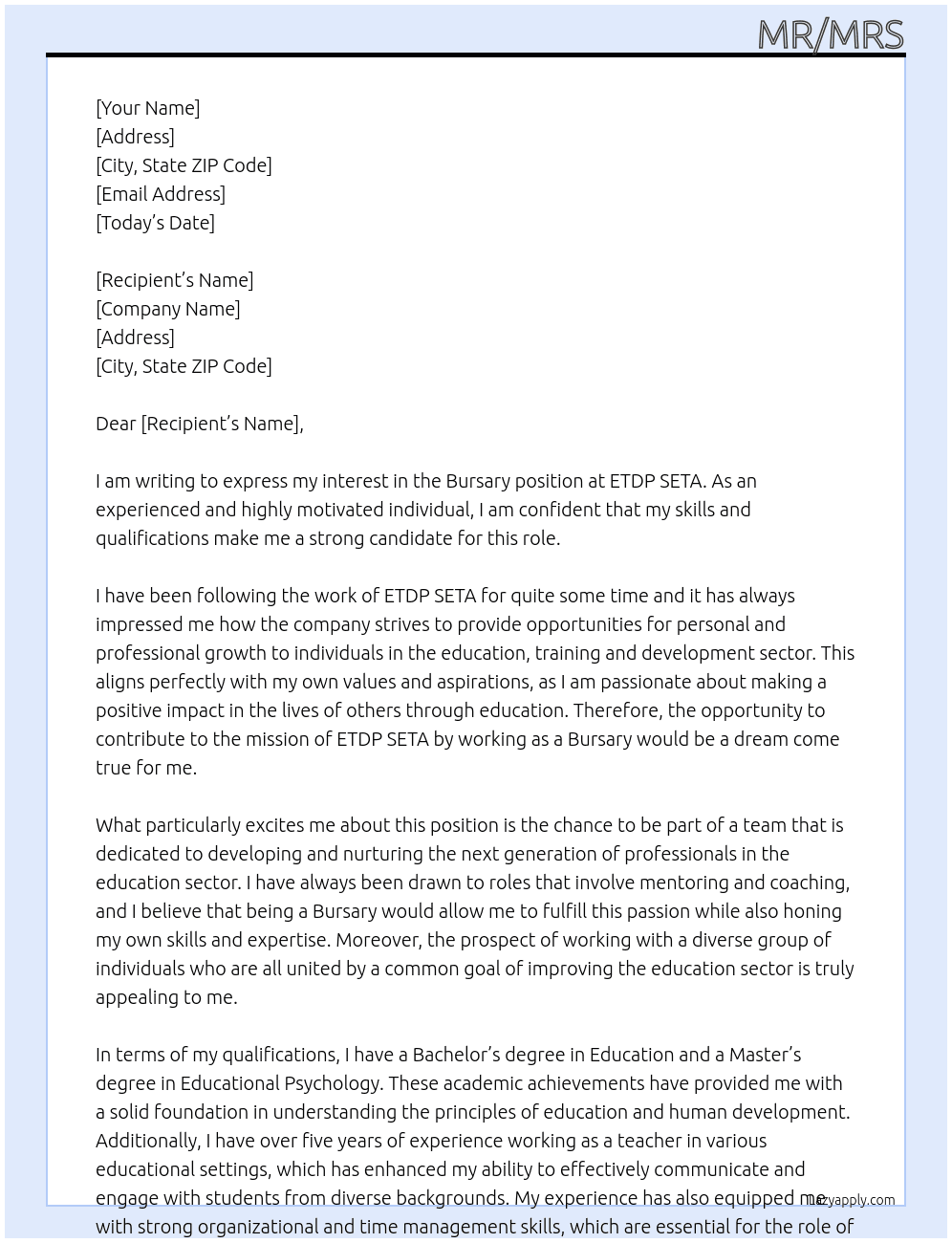 Bursary  At ETDP SETA Cover Letter