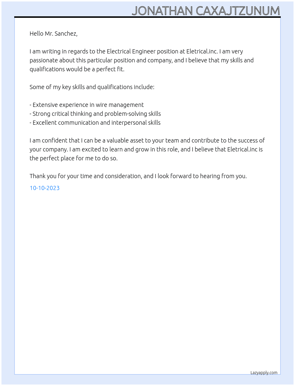 Electrical Engineer  At Eletrical.inc Cover Letter