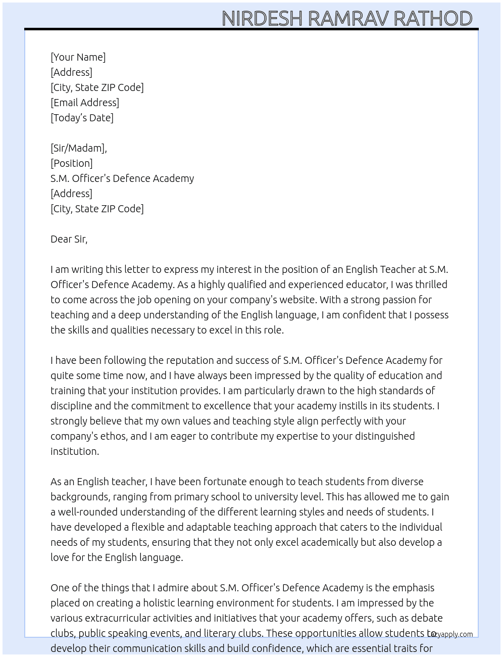 ENGLISH TEACHER  At S.M. Officer's Defence Academy Cover Letter