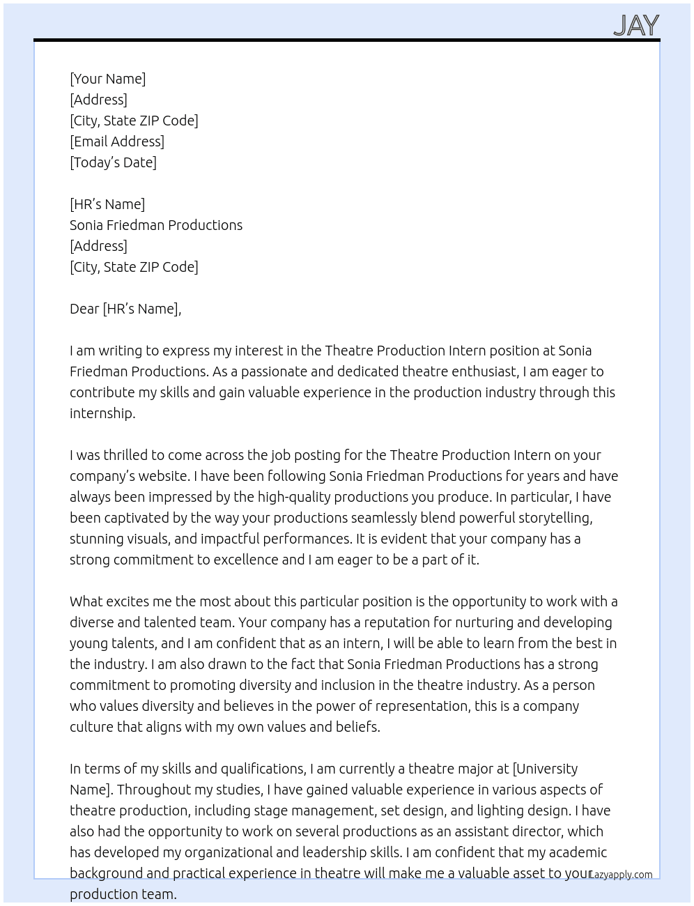 Theatre Production Intern At Sonia Friedman Productions Cover Letter