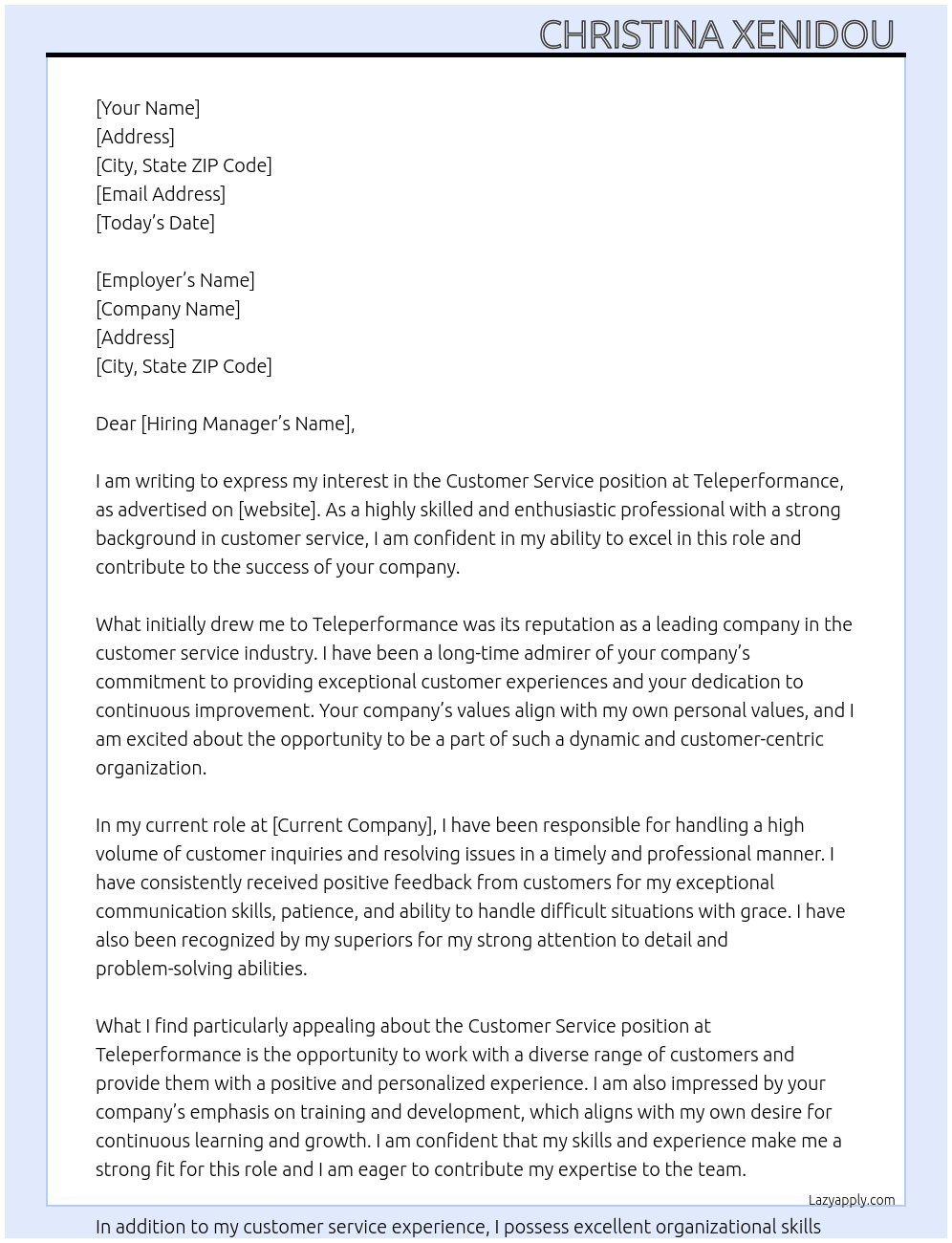 Customer service  At Teleperformance  Cover Letter