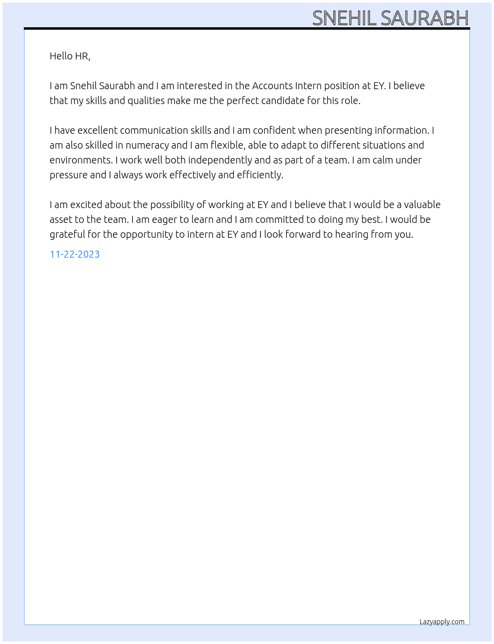 Accounts Intern At EY Cover Letter