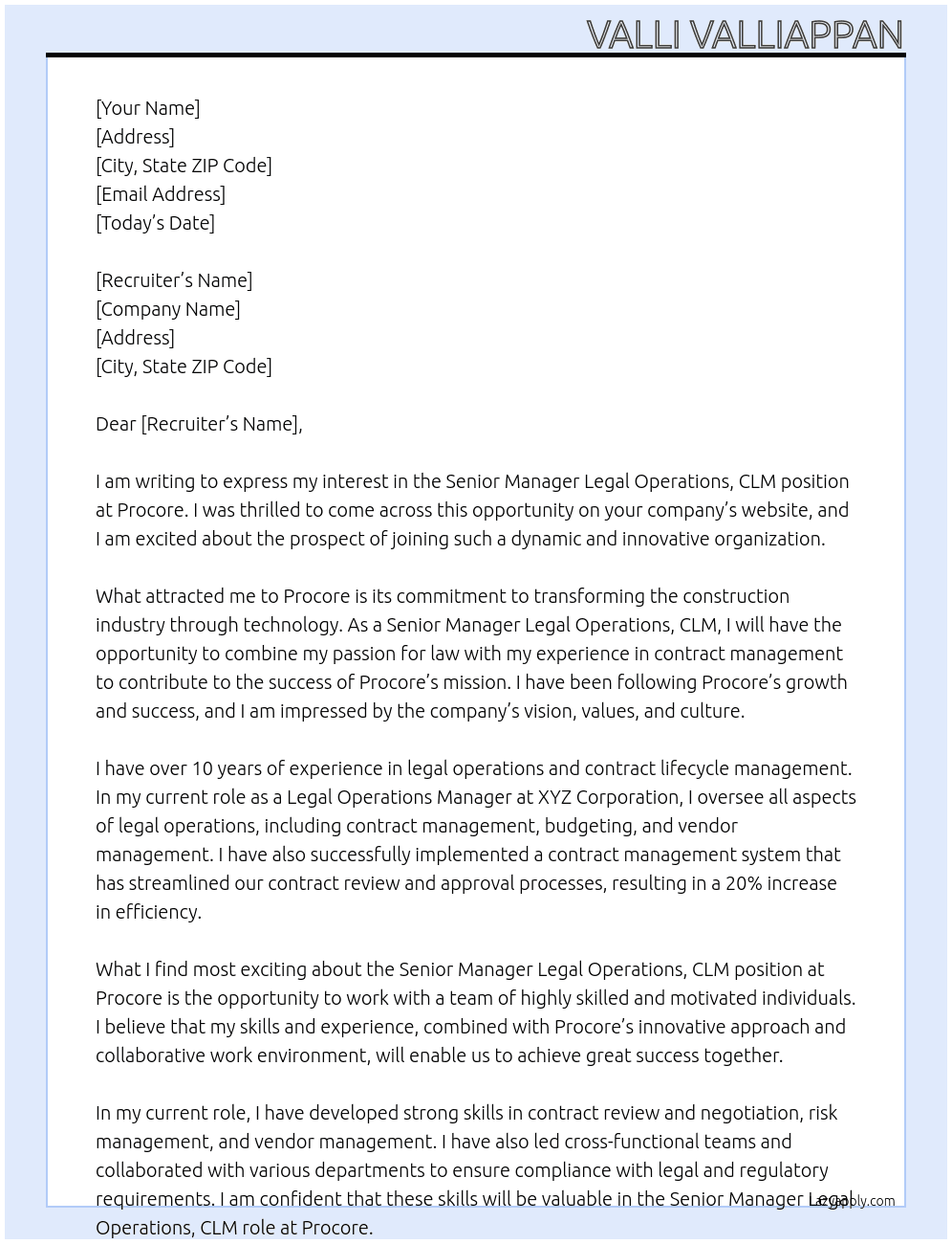 Senior Manager Legal Operations, CLM At Procore Cover Letter