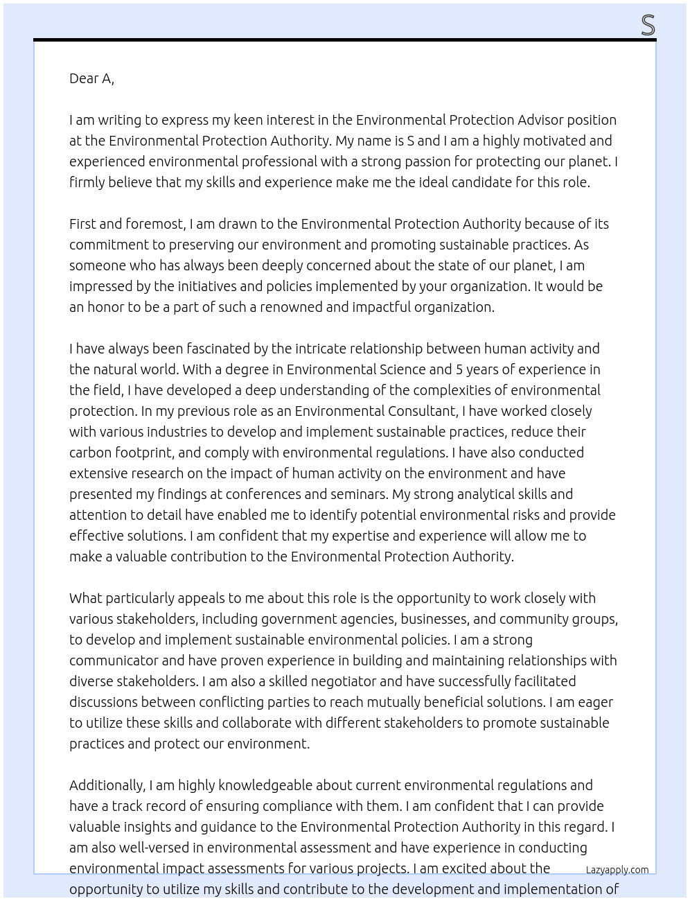 Environmental protection advisor At environmental protection authority Cover Letter