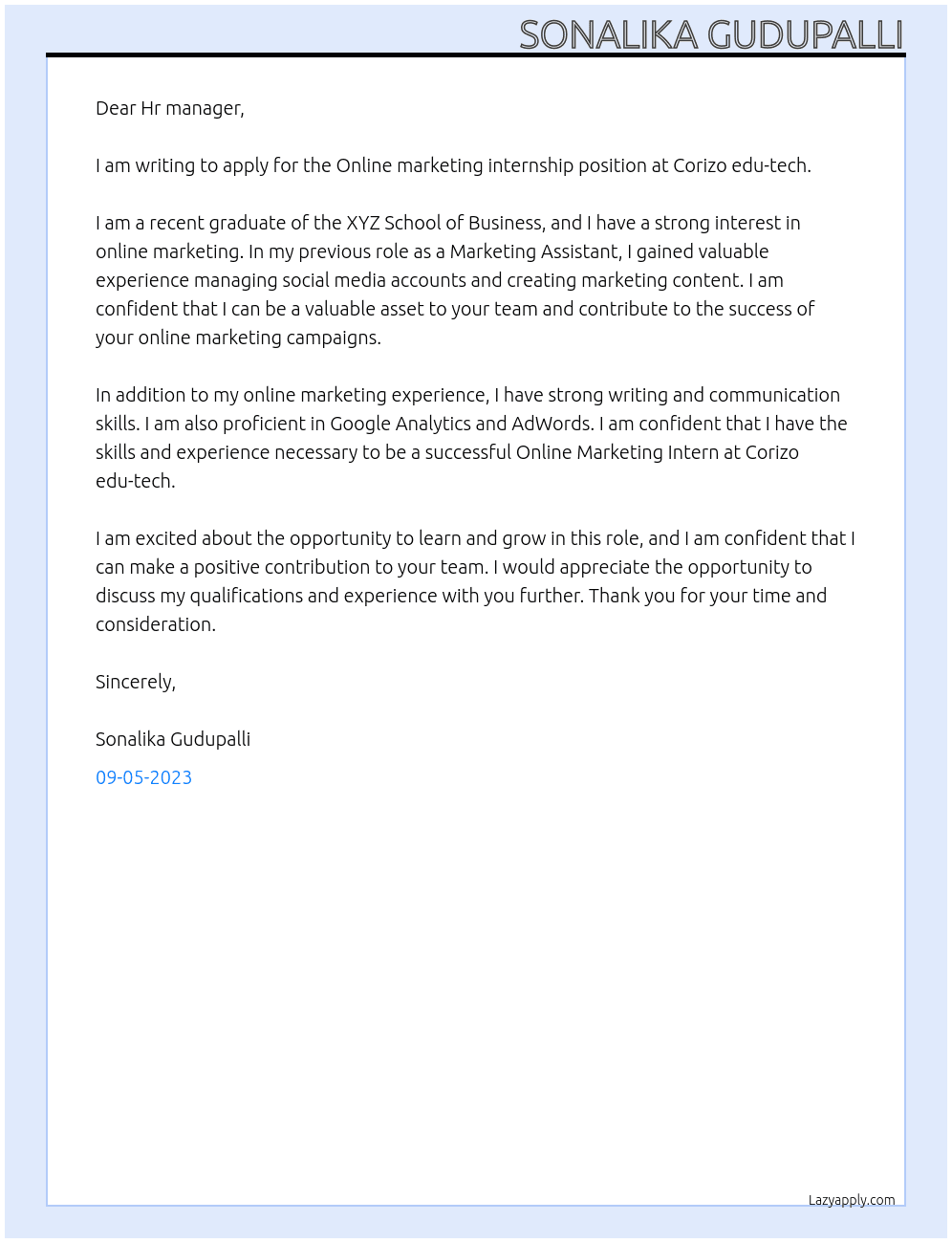 Online marketing internship  At Corizo edu-tech Cover Letter