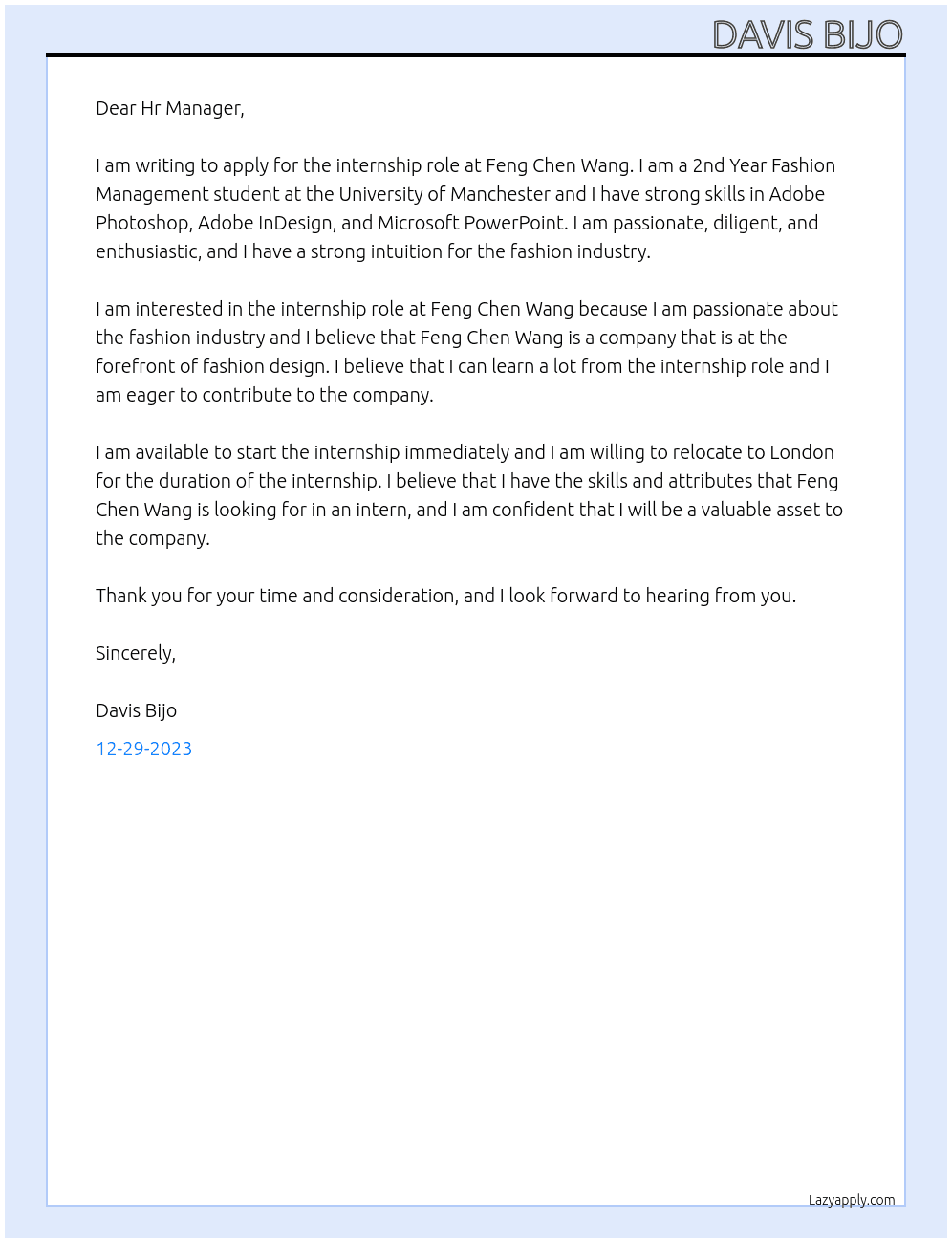 Internship At Feng Chen Wang Cover Letter